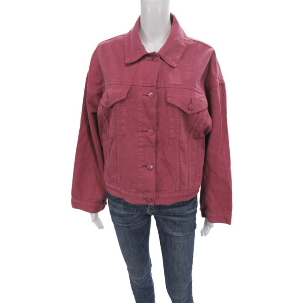 Steve Madden Women Red Cotton Basic Jacket Button Long Sleeve Casual Size S